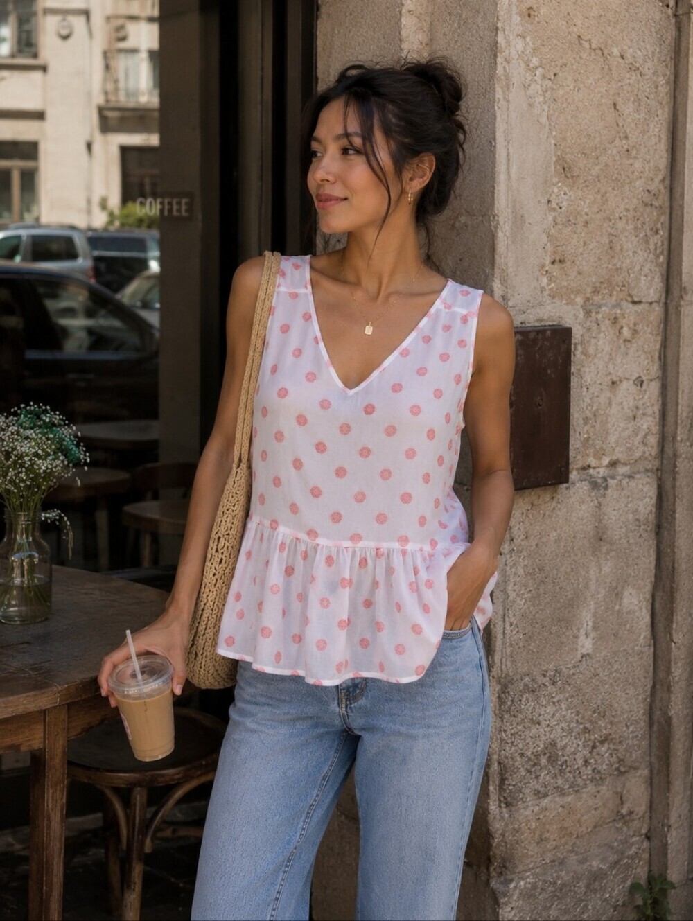 Sanctuary Sheer Coral Polka Dot Peplum Tank Blouse Boho Cottagecore Medium